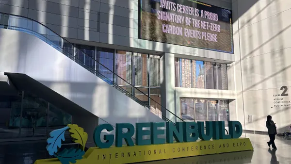 A display for Greenbuild inside the Javits Center atrium.