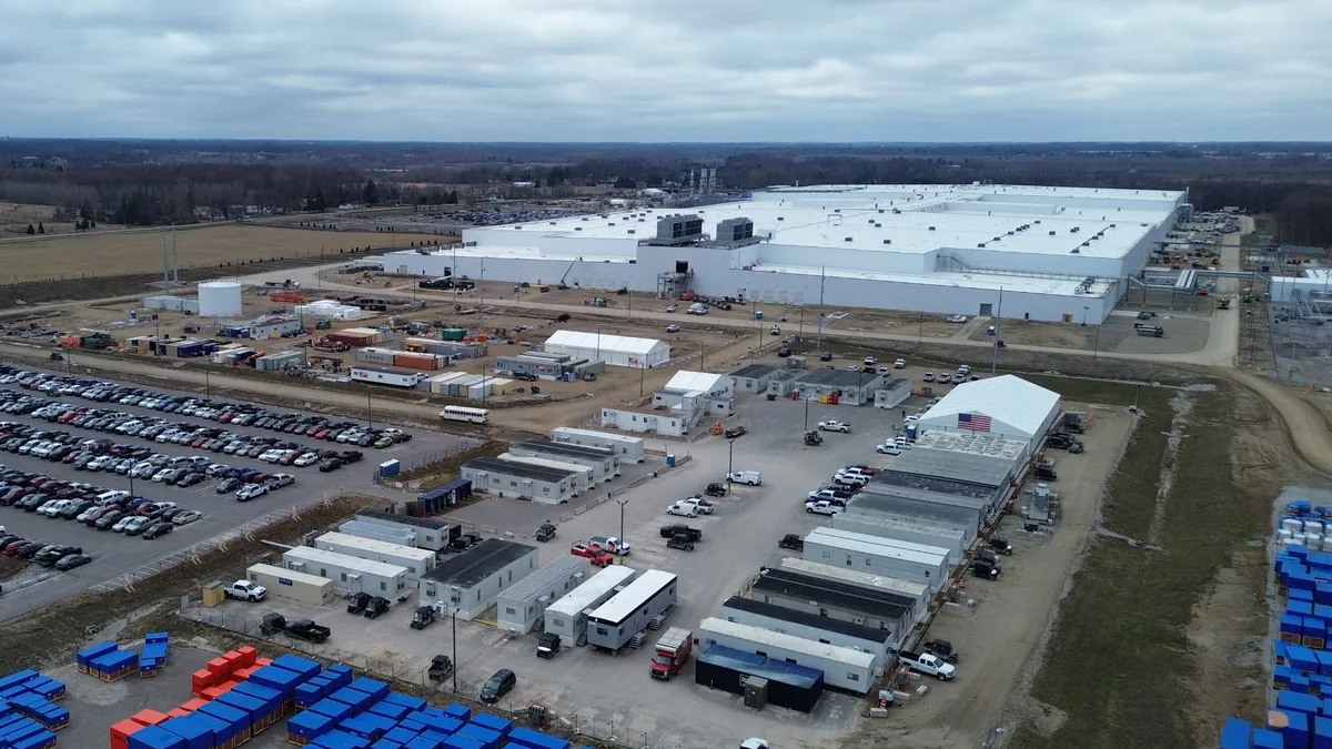 An aerial view of the Ultium Cells electric vehicle battery cell plant in Lansing, Michigan.