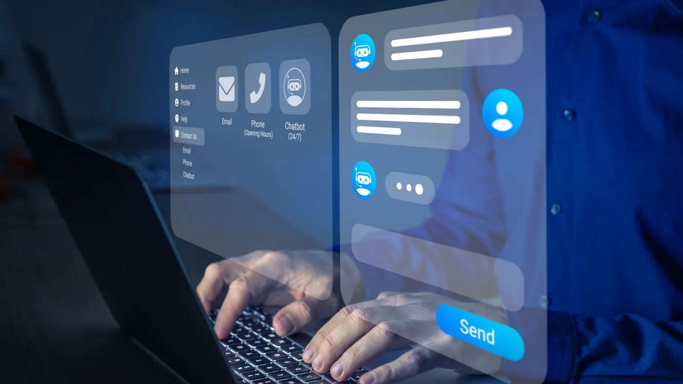 Chatbot conversation. Person using online customer service with chat bot to get support. Artificial intelligence and CRM software automation technology. Virtual assistant on internet.