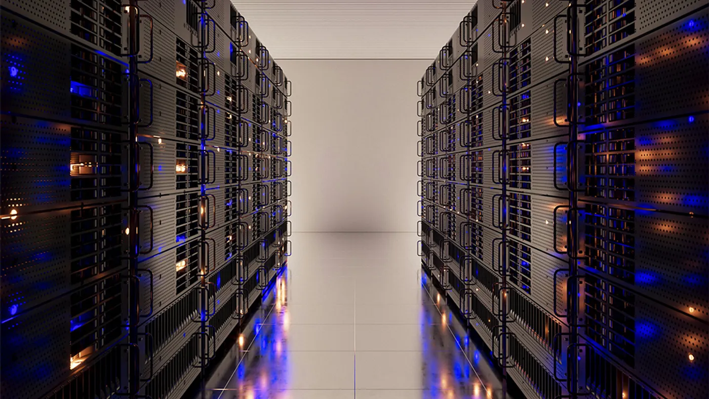 Stack of servers in server room.