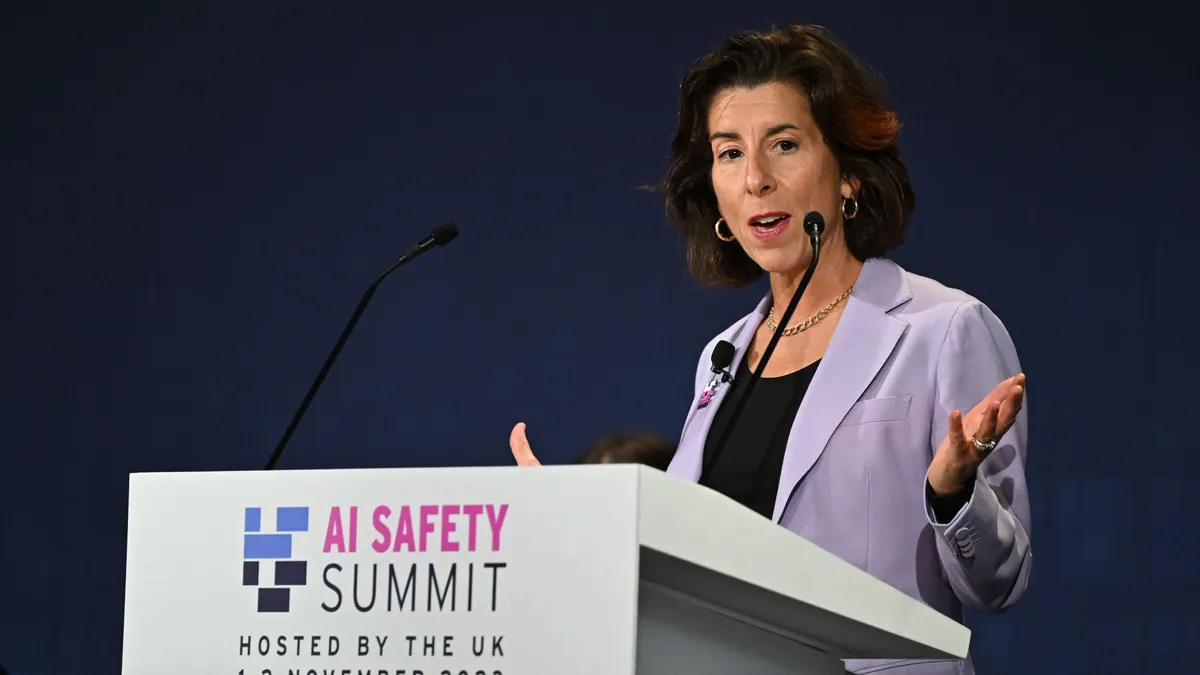 US Secretary of Commerce Gina Raimondo speaks on Day 1 of the AI Safety Summit at Bletchley Park on November 1, 2023 in Bletchley, England.