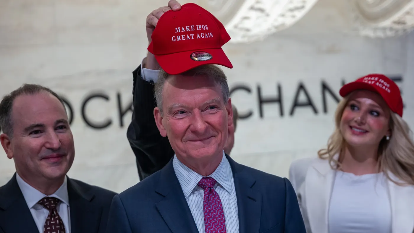 SEC Chair Paul Atkins wearing a "Make IPOs Great Again Hat" on the NYSE floor on Dec. 2, 2025