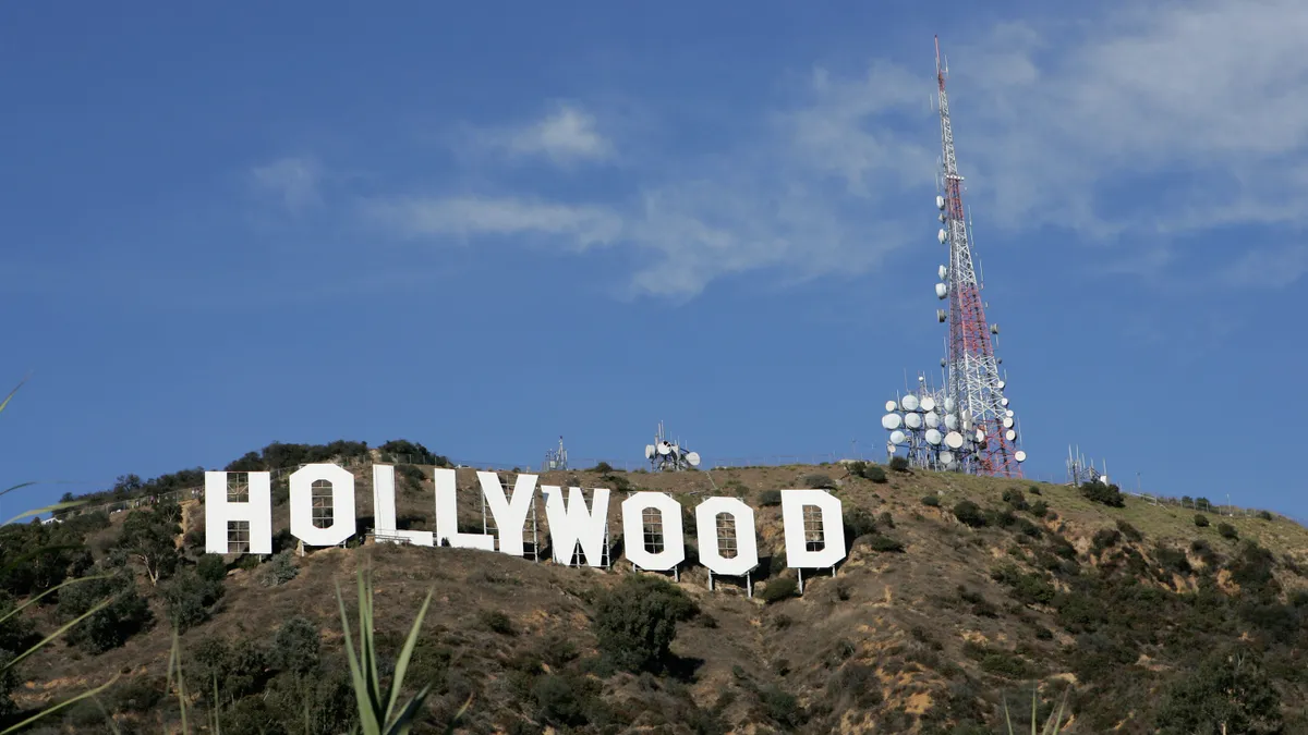 The newly refurbished Hollywood Sign is seen atop of Mt. Lee after Los Angeles Mayor Antonio Villaraigosa added a finishing touch of paint to complete the project on December 5, 2005 in Hollywood, Cal