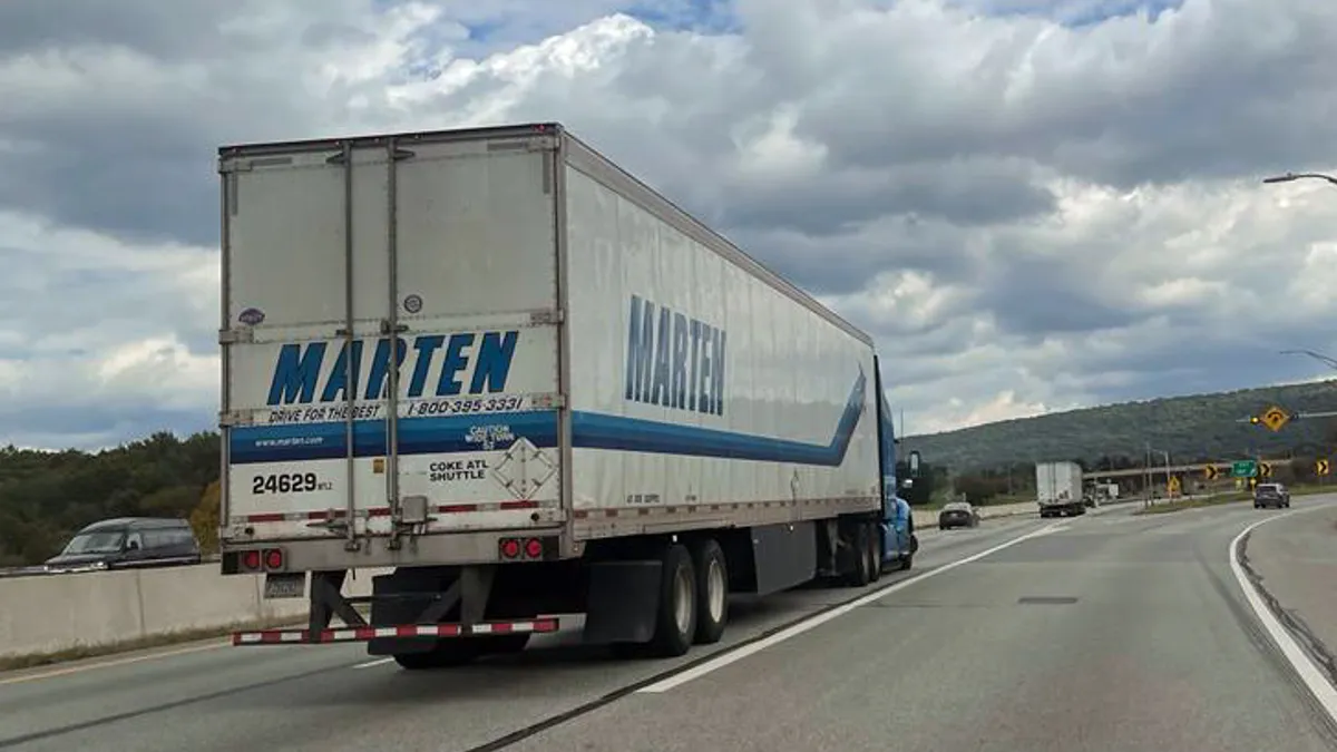 A Marten tractor-trailer in October 2023 eastbound on I-76 by the Breezewood Interchange in Pennsylvania.