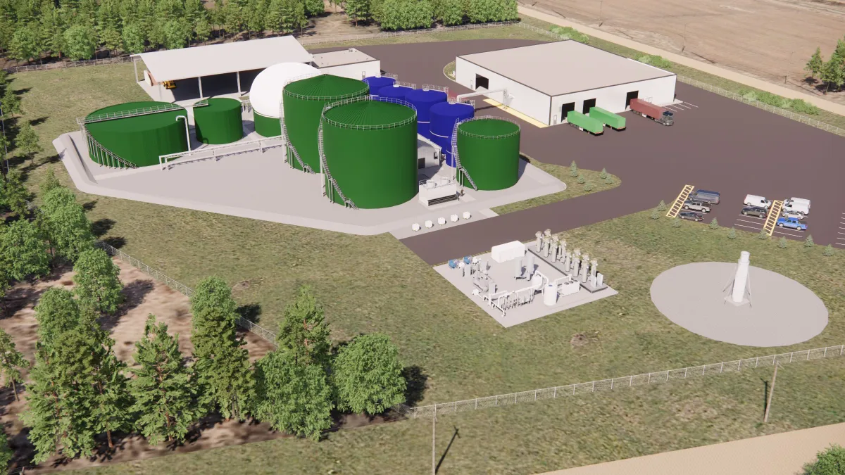 A rendering of an industrial facility. Several cylindrical tanks of various sizes are rendered on the property.