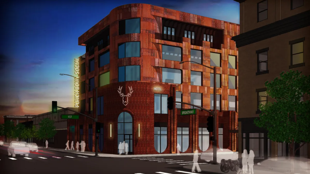 A rendering of a proposed Punch Bowl Hotel from Punch Bowl Social expected in 2022