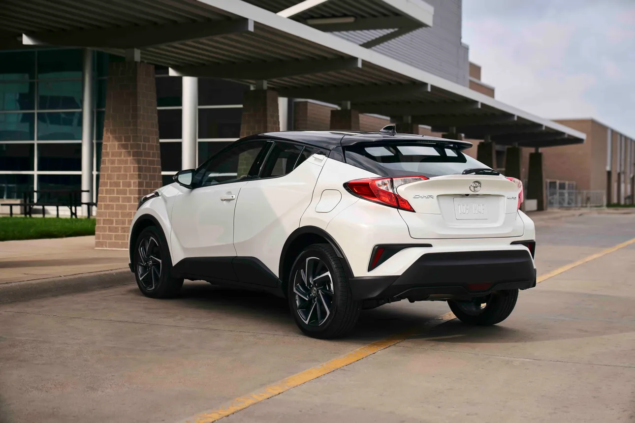 The 2024 Toyota C-HR's rear three-quarter view.