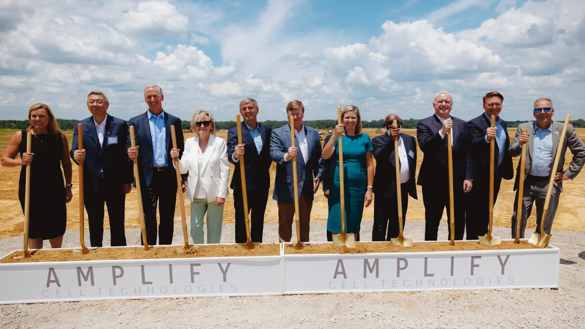 Amplify Cell Technologies board members and distinguished guests hold shovels to celebrate the groundbreaking of construction for a new battery plant for commercial EVs and industrial applications.