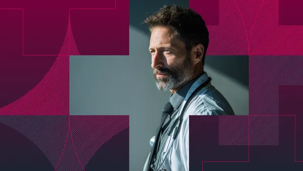 Doctor looking off into distance with abstract pink and purple background.