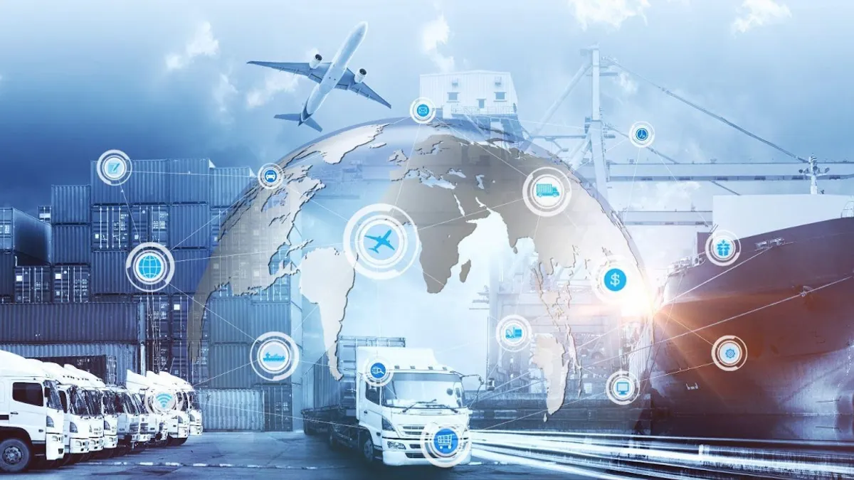 Cargo freight ship, internet of things Concept of fast or instant shipping, Online goods orders worldwide