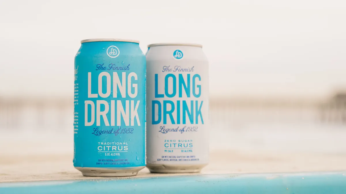 Two cans of the Finnish Long Drink in different flavors are next to each other.