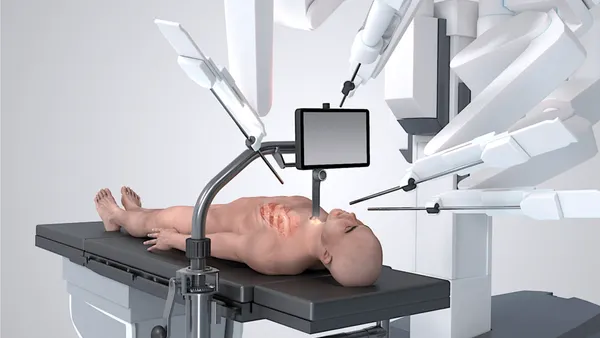 The robot-enhanced heart valve replacement system is depicted in an illustration that includes a patient on a table.