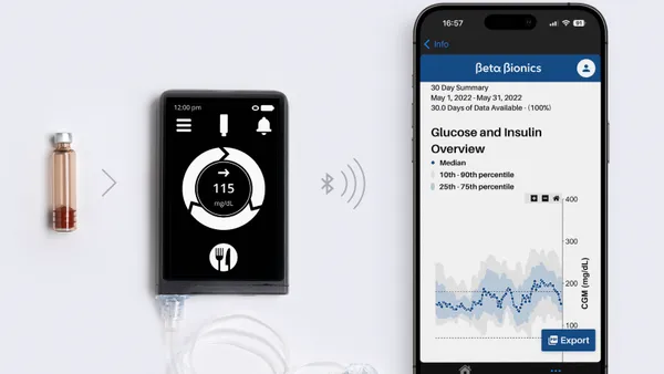 A black, square device with tubing connected to a patch is next to a phone that says "Beta Bionics" and another patch that says DexcomG6