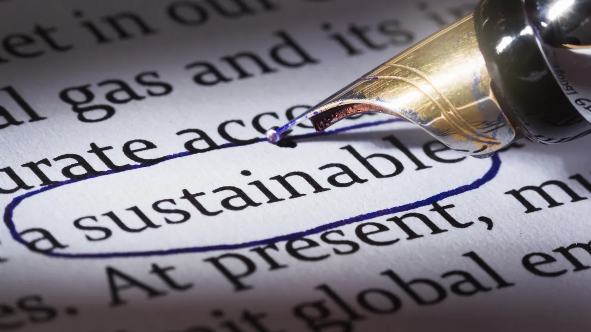 A document with the word "sustainable" highlighted