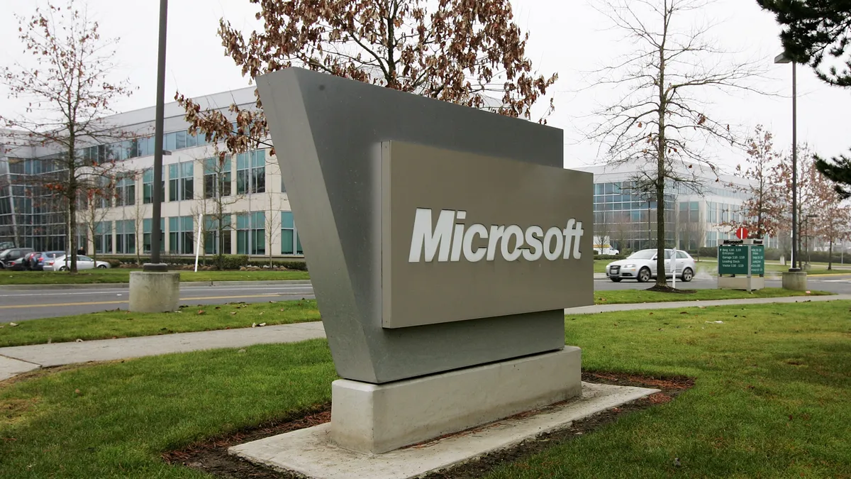 The Microsoft logo at at the tech company's headquarters