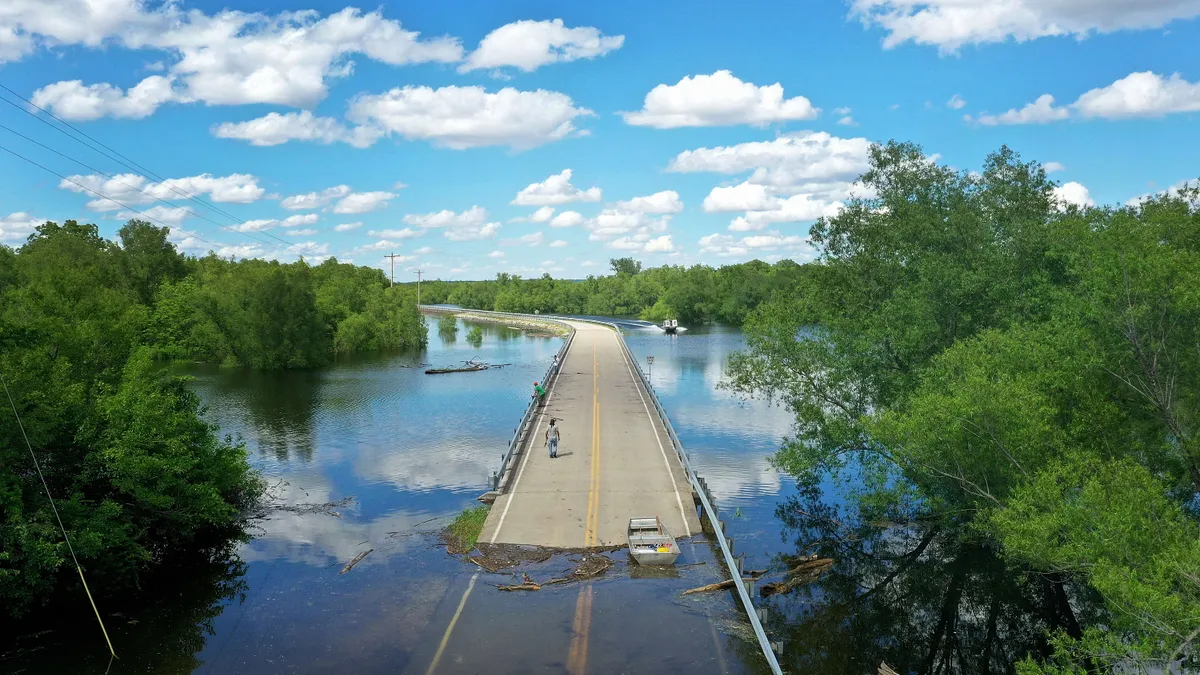 Aerial shot of a flooded road