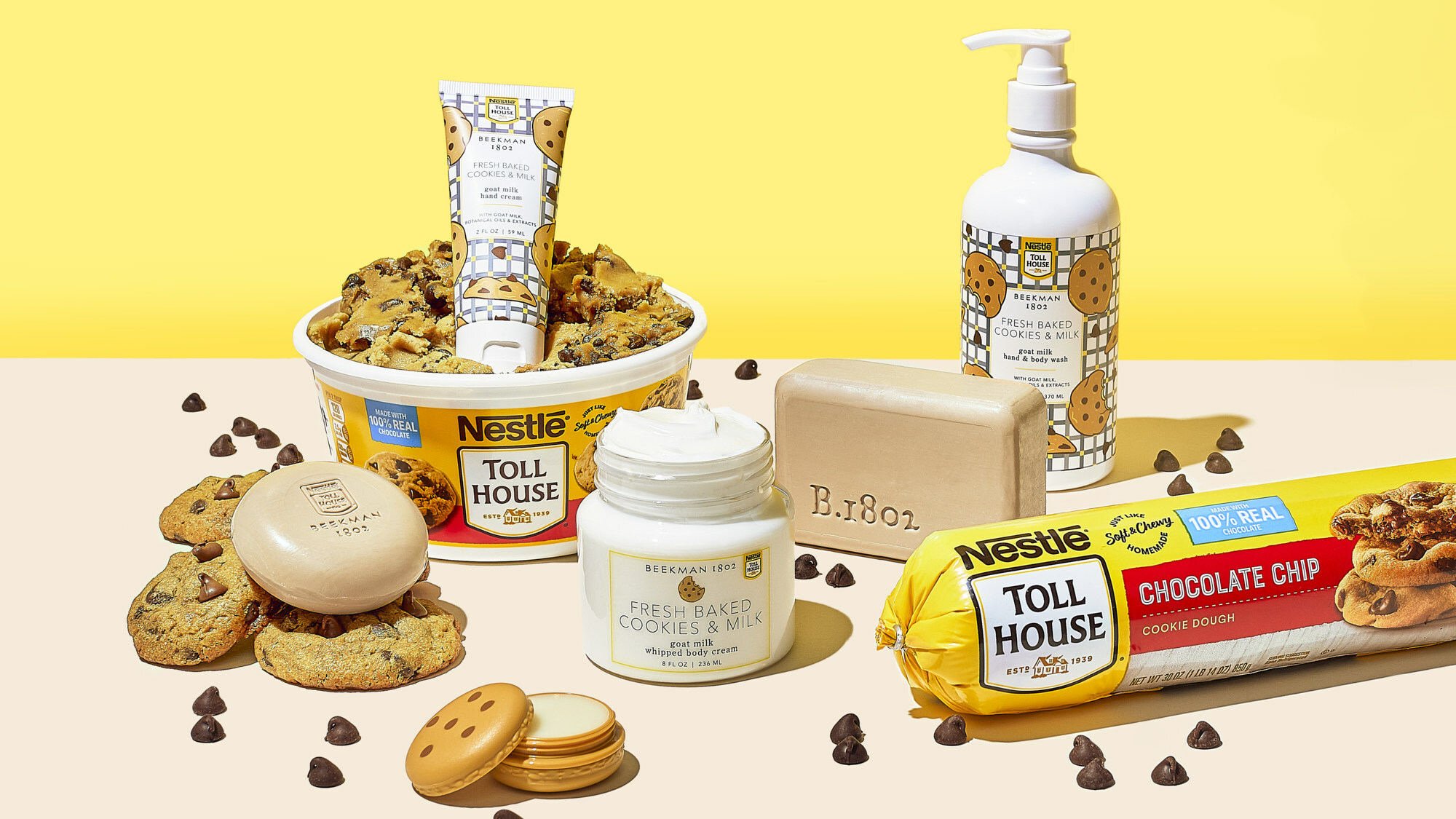 Display of chocolate chip cookies, Nestlé Toll House cookie dough and Beekman 1802 products with white, red and yellow coloring.