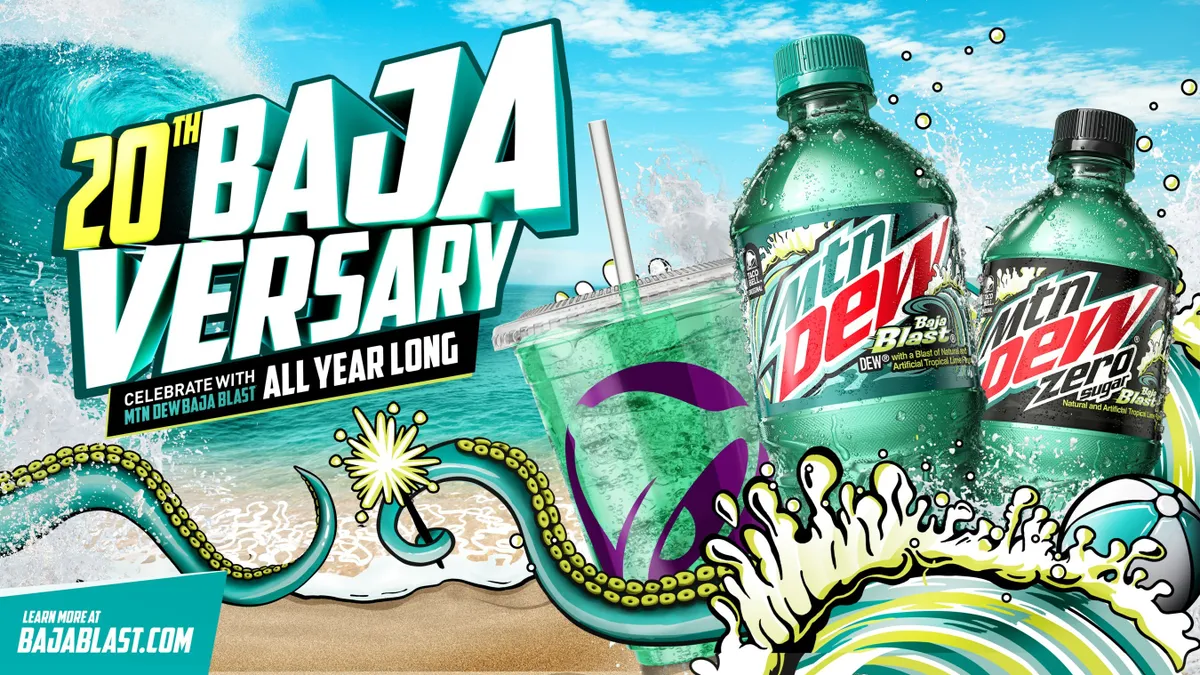 Mtn Dew Baja Blast products are promoted with a beach background