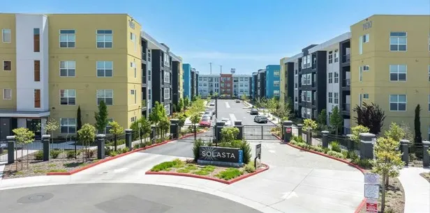 Aerial view of yellow apartments