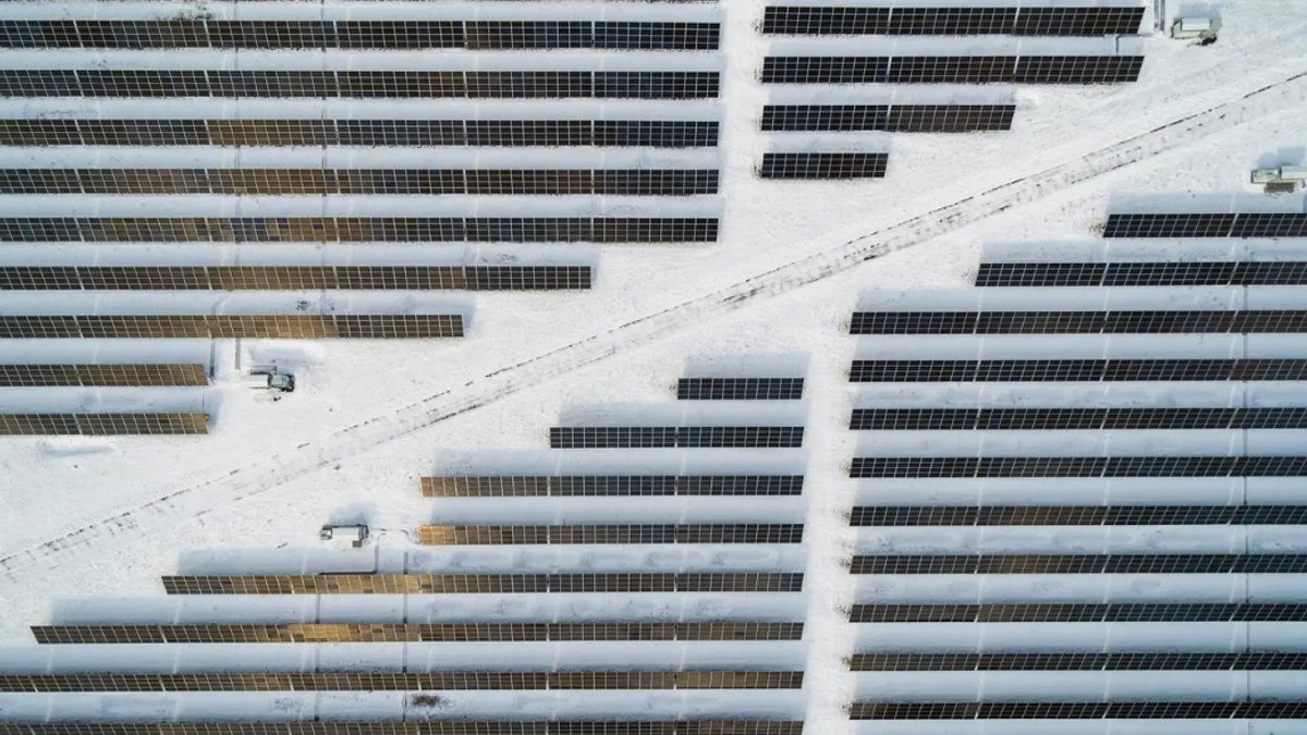 Big solar farm in the Appalachian Mountains in Pennsylvania on a sunny winter day.