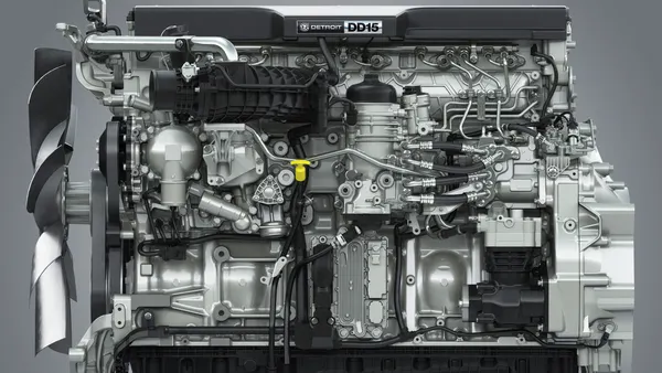 An exposed Detroit DD15 engine.