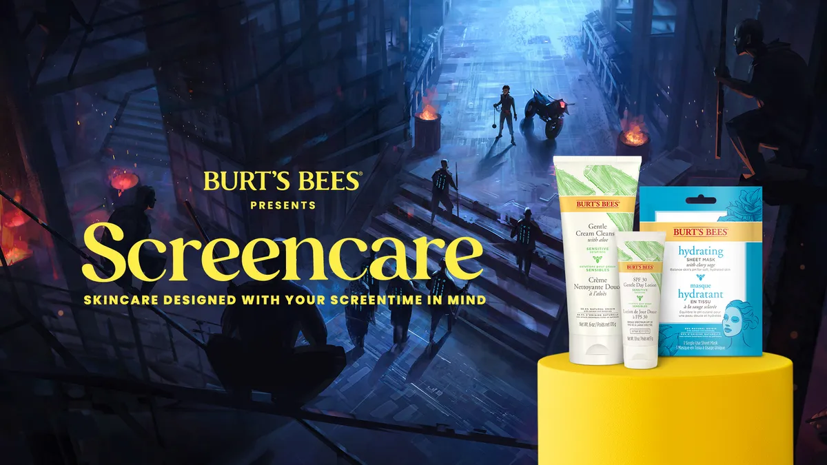 Burt's Bees products stand in the foreground as a dark scene sits in the background.