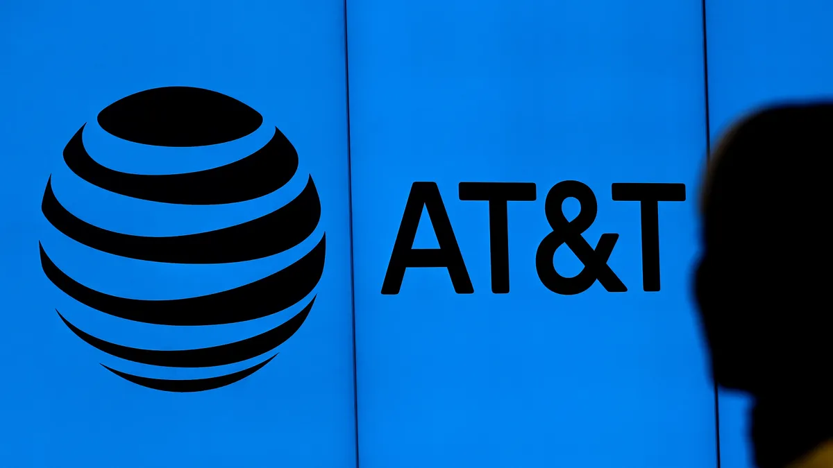 The logo of AT&T outside of AT&T corporate headquarters on March 13, 2020 in Dallas, Texas.