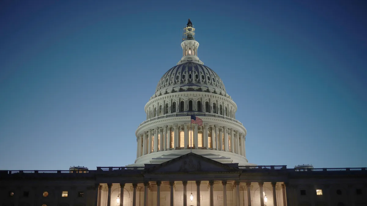 The dome of the U.S. Capitol Building as seen at dawn.