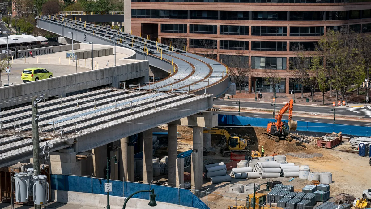 Construction continues near unfinished Purple Line rail tracks at the Paul Sarbanes Transit Center on April 8, 2021 in Silver Spring, Maryland.