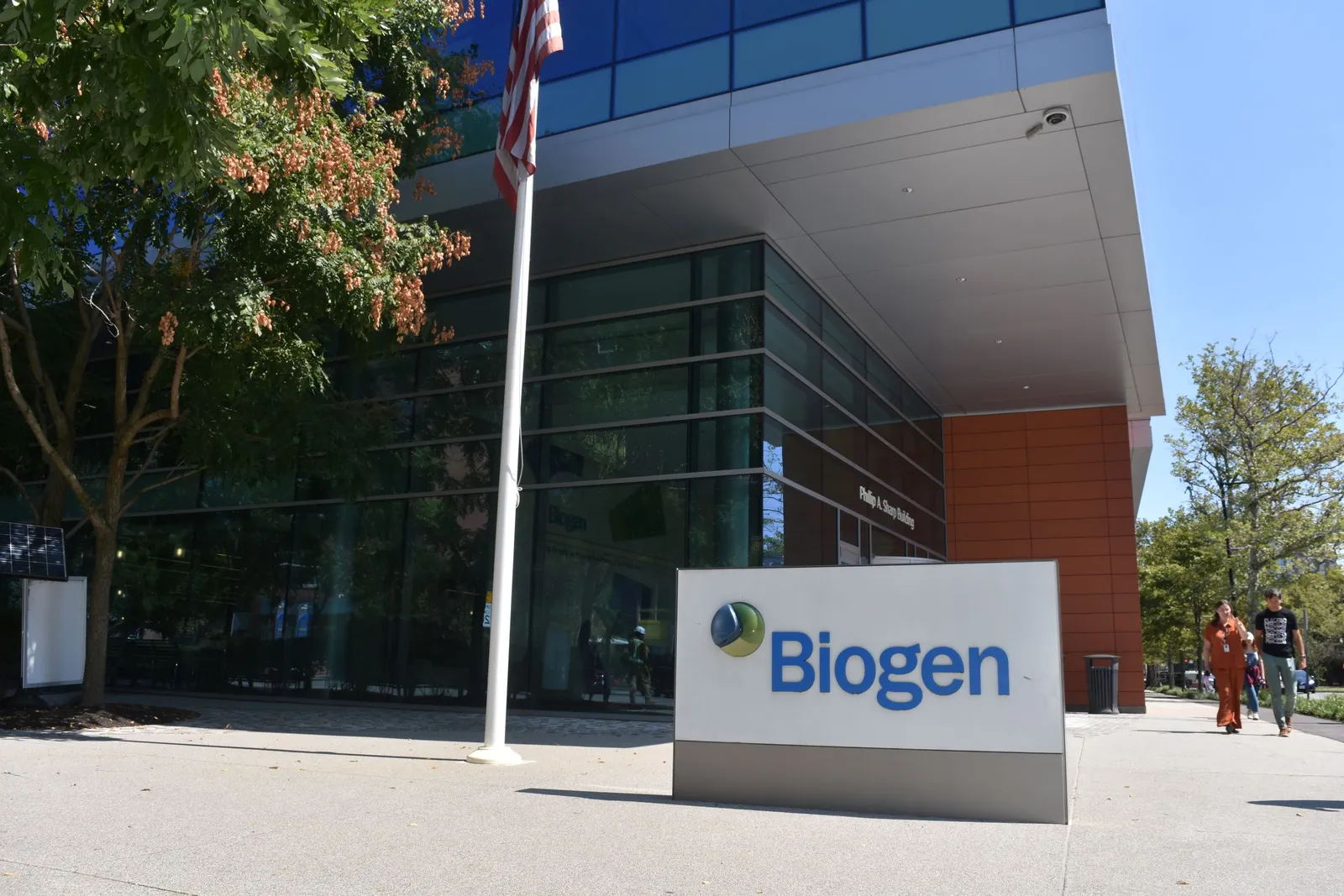 A sign with Biogen's logo sits outside the company's Cambridge, Massachusetts, headquarters on Sept. 5, 2024.