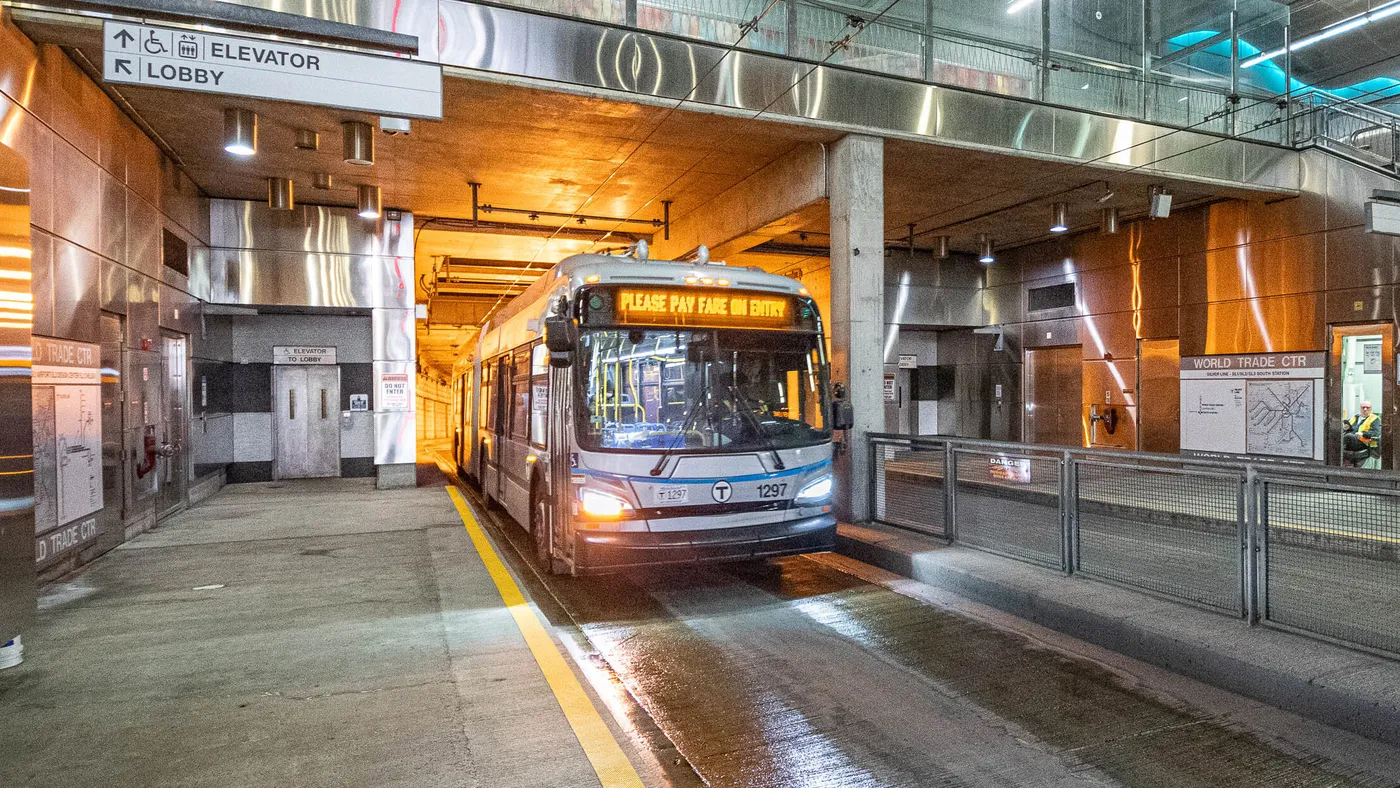 MBTA Silver Line electric bus at World Trade Center station.