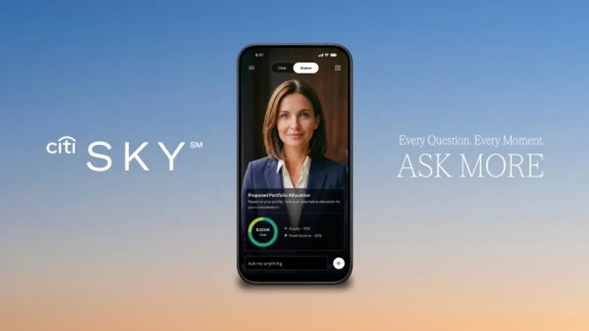 A mobile phone shows a human avatar ready to engage with a bank client. The words "Citi Sky" and "Every question. Every moment. Ask more" are shown