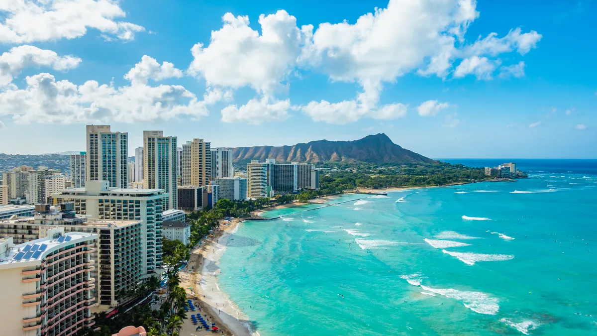 Hotels line the coastline of Honolulu.