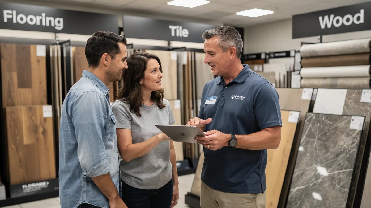 Two customers speaking with an employee at a flooring store