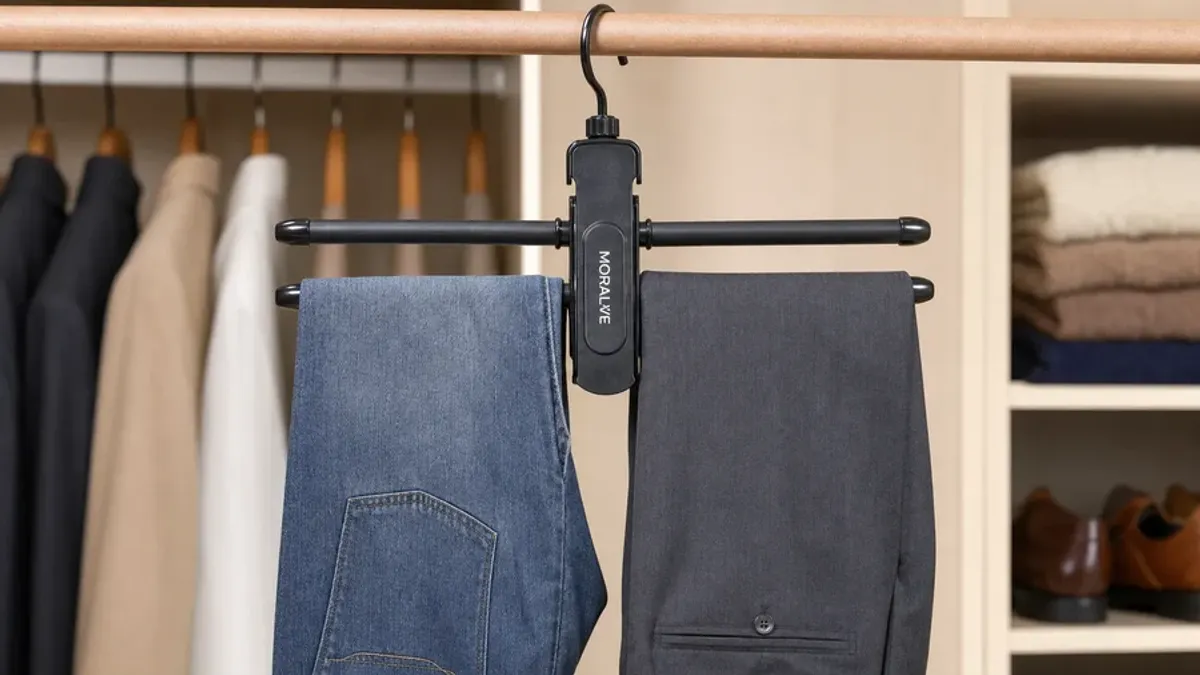 Two pairs of pants hang on a Moralve branded hanger with a closet in the background.