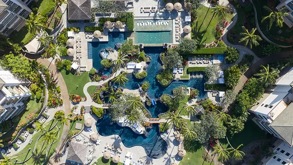An aerial view of The Resort at Kapalua Bay on Maui, Hawaii.