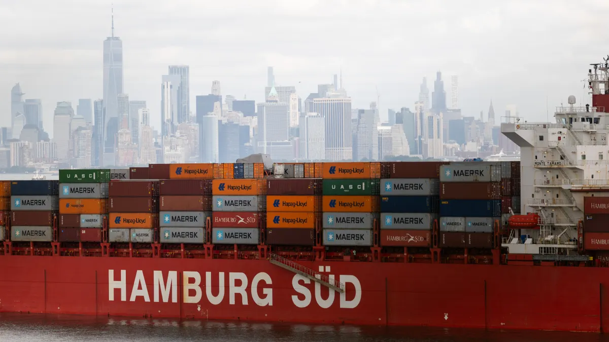 A container ship anchored in New York Harbor.