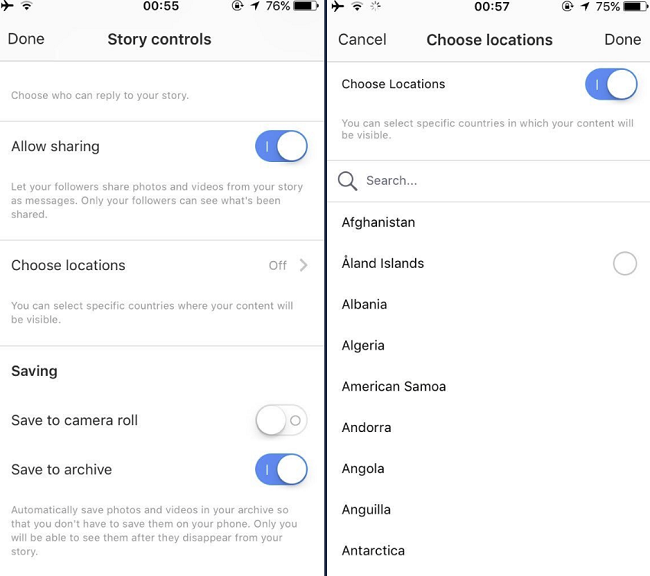 Instagram Stories location restriction screenshots