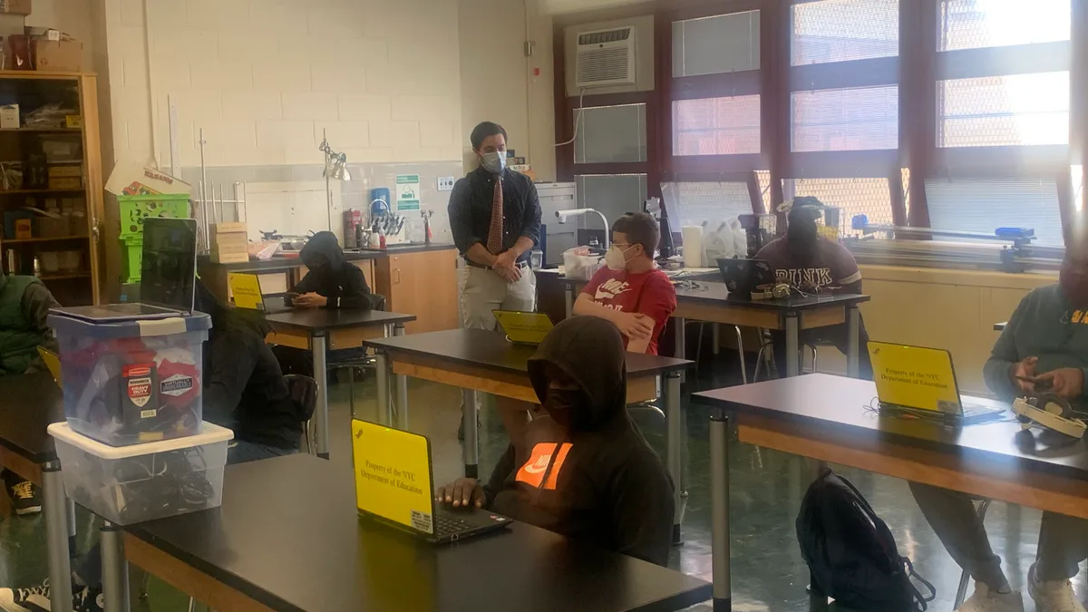 Living Environment teacher Michael Acquaotta leads a 9th grade class at New York City's Business Technology Early College High School in May 2021.