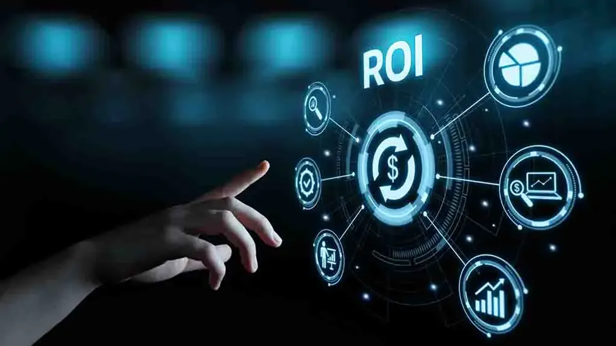 A hand pointing towards a digital AI dollar sign and ROI above it