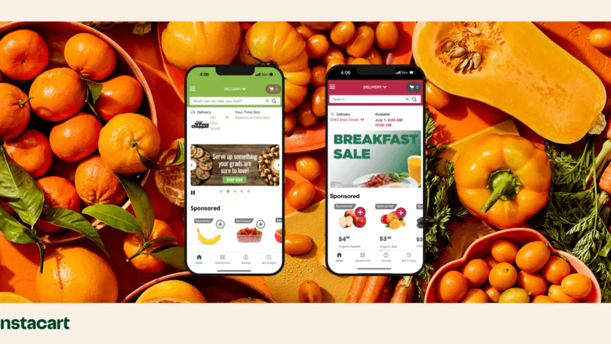 Two iPhones showing Instacart retail media on a background of orange produce