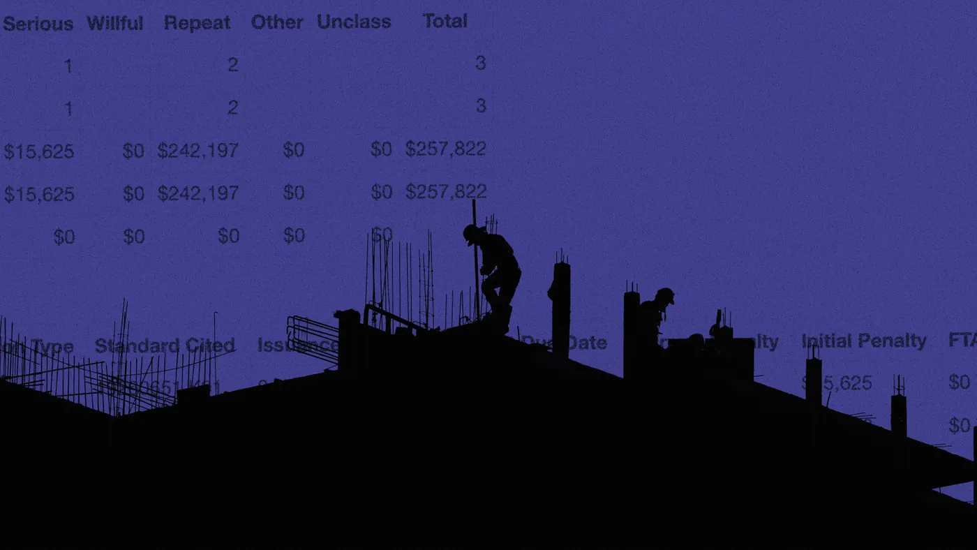 A shadow of a construction worker on a jobsite before a blue background of an OSHA citation.