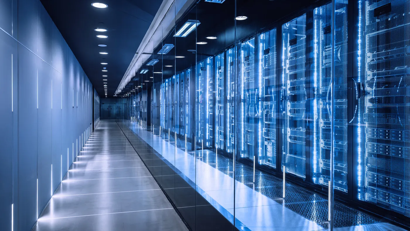 Racks of servers in a data center.