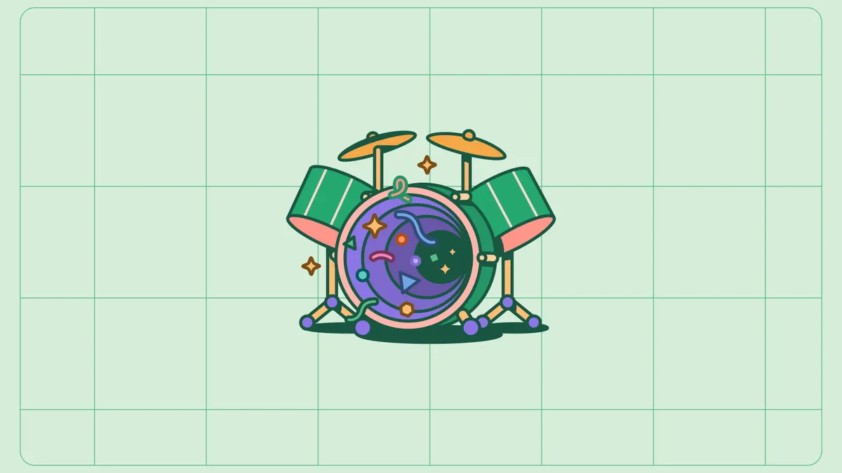 Drum illustration with a green theme. Other colors include purple, pink and yellow. Slight confetti.