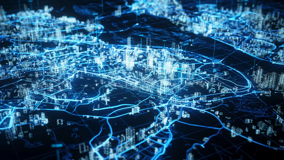 Blue computer image of cities with lines connecting buildings.