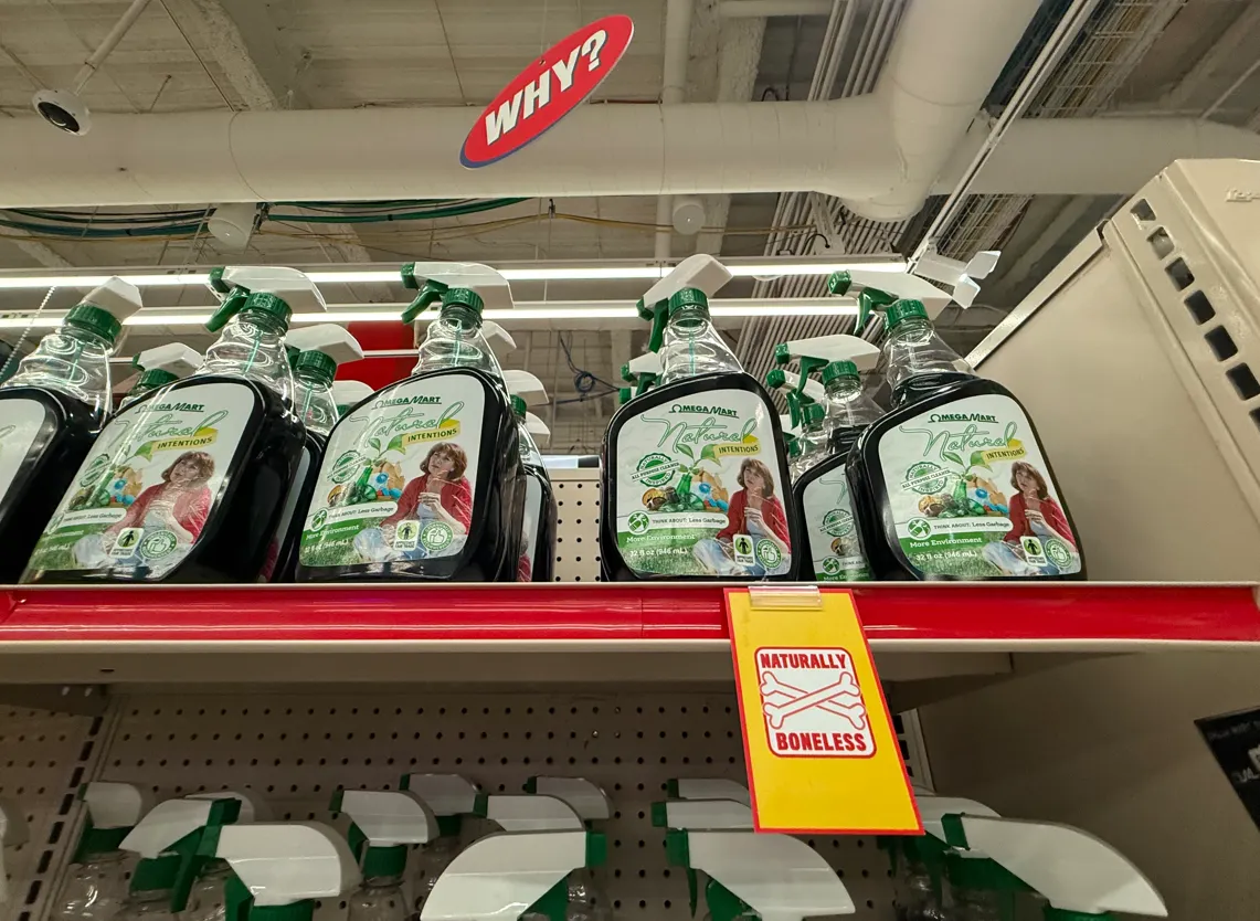 Shelf and aisle labels in Omega Mart