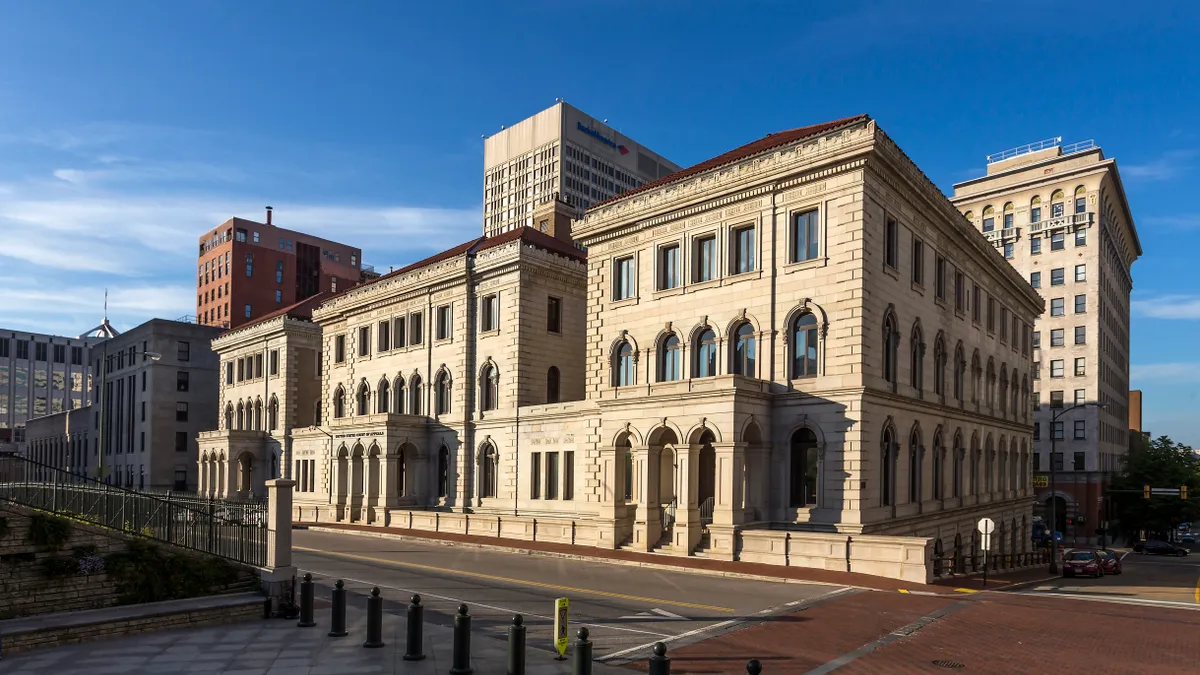 A view of the facade of the Lewis F. Powell, Jr. U.S. Courthouse in Richmond, Virginia.