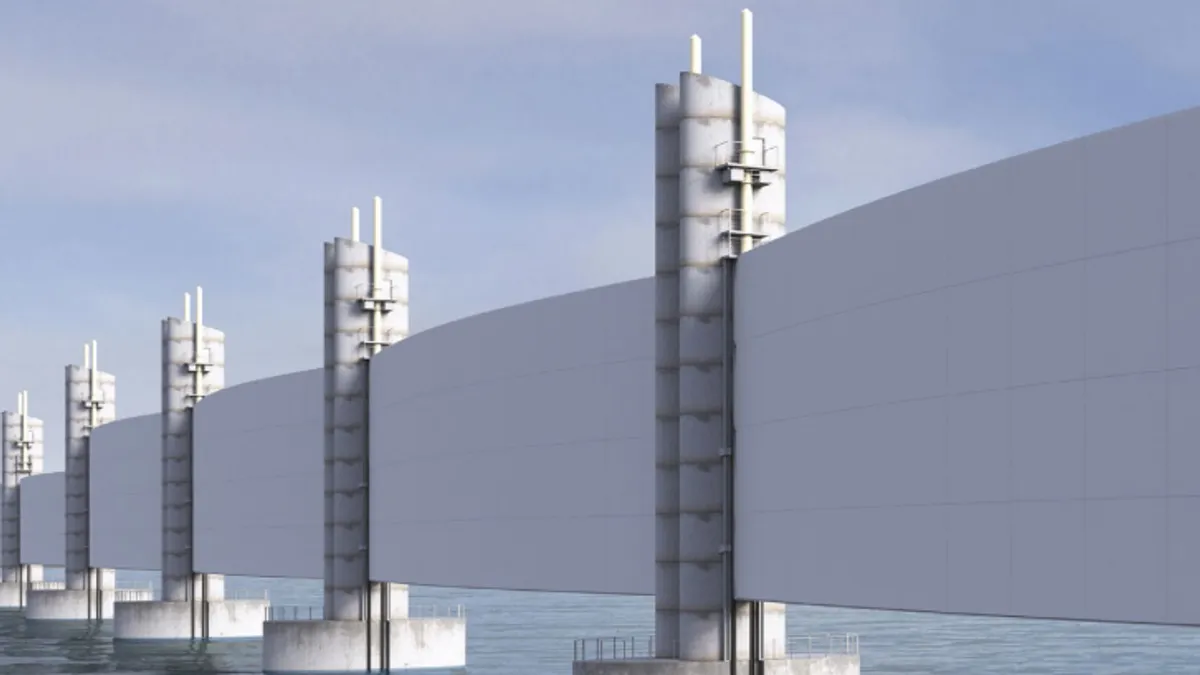 Rendering of tall white concrete gates standing in the ocean.