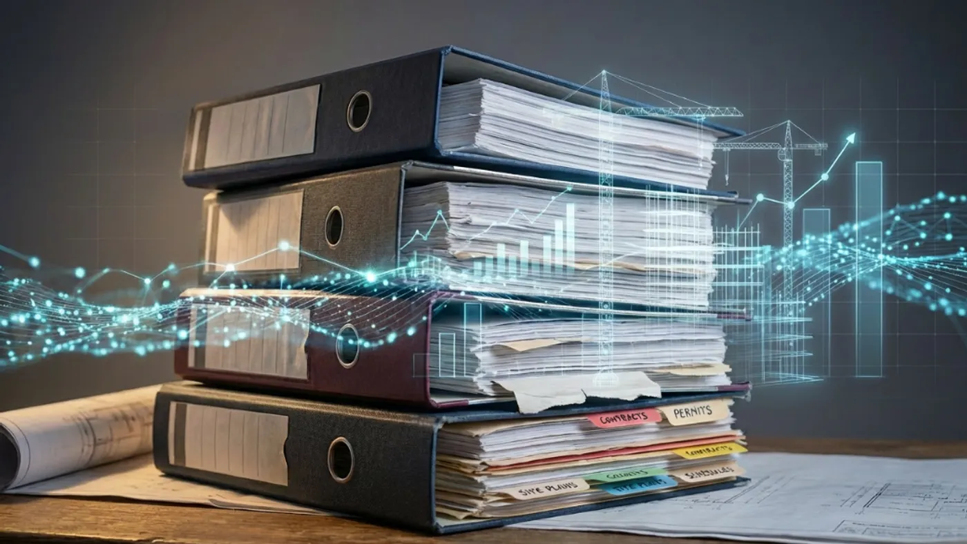 Stack of thick binders filled with construction documents on a desk