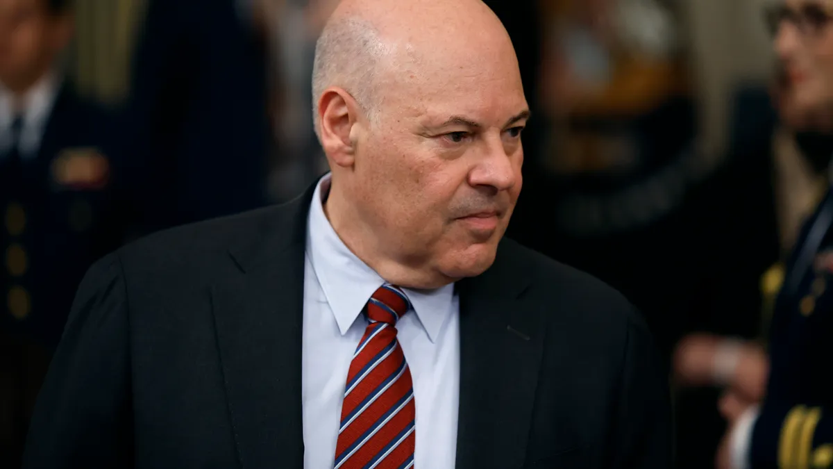 U.S. Postmaster General Louis DeJoy attends the signing ceremony for the Postal Service Reform Act in the State Dining Room at the White House on April 06, 2022 in Washington, DC.